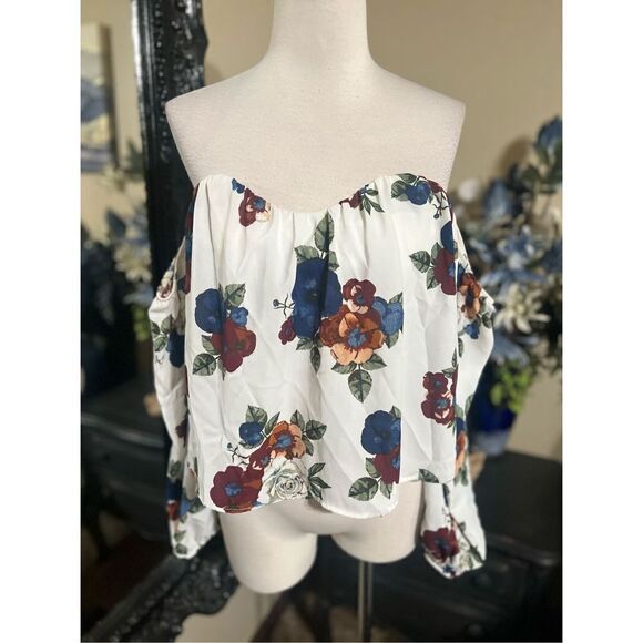 4SI3NNA Sexy Floral Cold Shoulder Long Sleeve Blouse Size Small - Picture 1 of 5